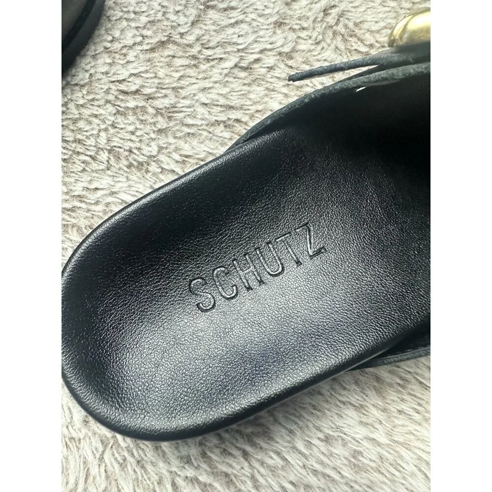 Schutz Enola Cross Slides Womens Size 5 B Black Leather Gold Bamboo Buckle Shoes
